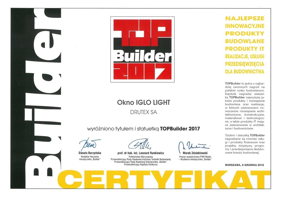 Iglo Light Fenster von Drutex mit Top Builder 2017 ausgezeichnet.